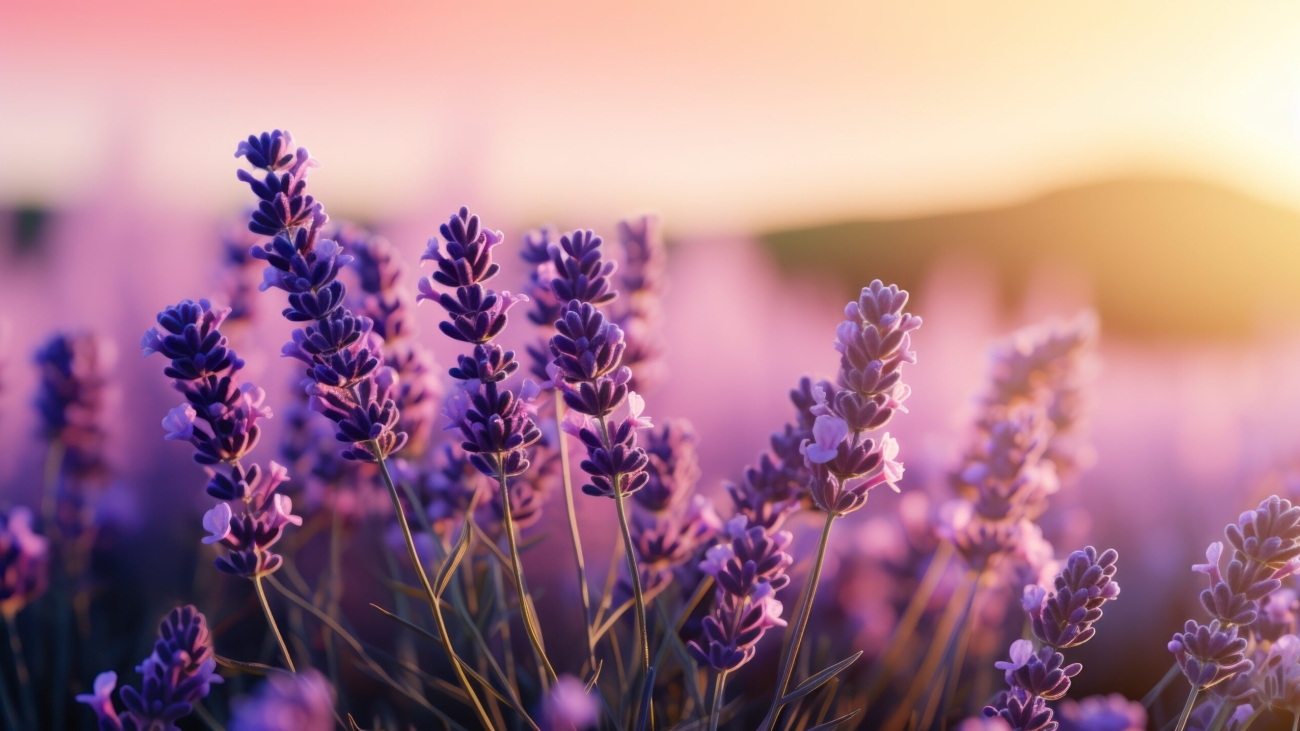 Lavender flowers in full bloom against a soft purple gradient.