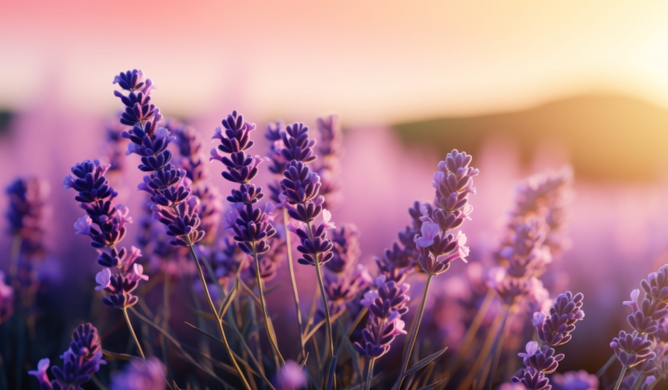 Lavender flowers in full bloom against a soft purple gradient.